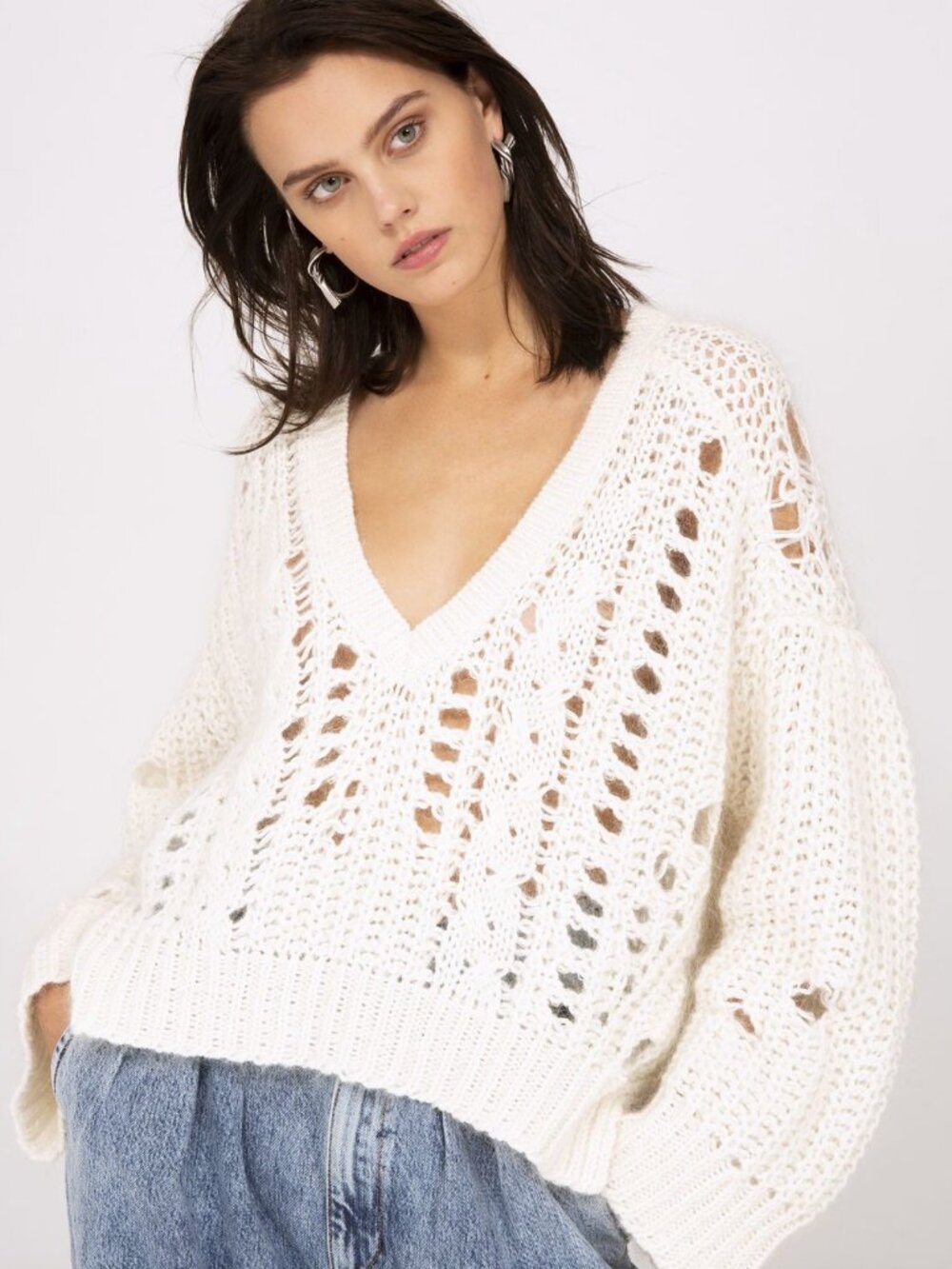 IRO Paris Distressed White V-Neck Oversized Sweater